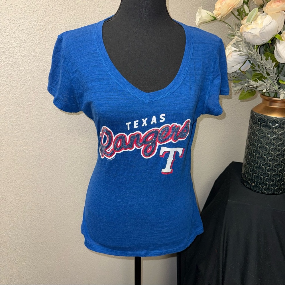 Texas Rangers Sequin Logo V-Neck Tee Soft As Grape Womens L